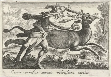 Hercules vangt de Hind van Cerynea En hjort med gullhorn fanges veldig raskt (tittel på objekt) Herculische temaer (serietittel)