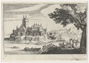 Kupert landskap med et slott på en øy Søreuropeiske landskap (serietittel) Topographia variarum regionum (serietittel)