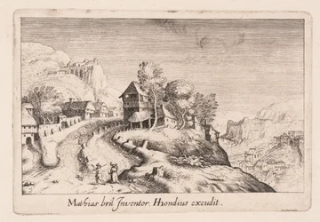 Landskap med en sti opp et fjell gjennom en landsby, fra Topographia Variarum Regionum