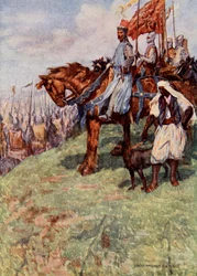 Løvehjerte sittende på hesteryggen, ved siden av ham sto den nubiske slaven med en hund i bånd, illustrasjon fra «The Talisman: A Tale of the Crusaders» av Sir Walter Scott (fargelitografi)