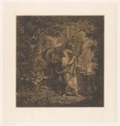 Mytologisk scene med en offerdronning i en skog, muligens Althaea, og tre gorgonianere