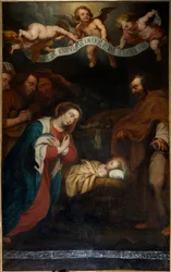Sognekirke (Saint Laurentius Sognekirke). Interiør. nordgang. Alteret. maleri. "Kristi fødsel". signert Simon de Pape. 1666.