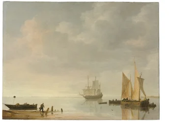 Kystscene med skip som hviler på rolige farvann