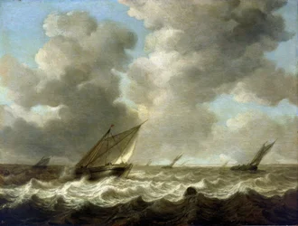 Fiskebåter på røff sjø, i horisonten er den nederlandske kysten synlig. Olje på tre.