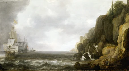 Flere sjømenn er gruppert på stranden og forsyner en skvadron med nederlandske krigsskip som ligger ankret utenfor en steinete kyst.