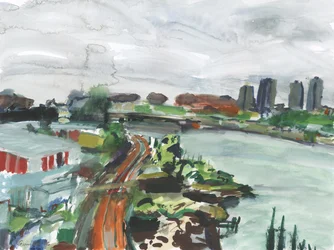 Utsikt over Harlem River (akvarell og gouache på papir)
