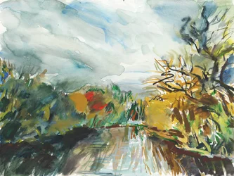 Peg#39;s Pond, Richmond Park, 2018 (akvarell på papir)