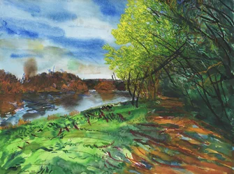 Themsen, Richmond, 2014 (akvarell, gouache og oljepastell på papir)