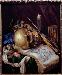 Vanitas-stilleben med hodeskalle, noteark, musikkinstrumenter, skjell og timeglass. 1650. Mål: 0,52 x 0,44 m. Marseille, Musée des Beaux-Arts