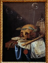 Vanitasstilleben med hodeskalle, laurbærkrans, fløyter, noter og vinkanne. Maleri av Simon Bernard de Saint-André (1613-1677), 17. århundre. H. 0,6 x 0,43 m, Lyon, Musée des Beaux-Arts