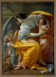 Allegorisk framstilling av rikdom. En kvinne, symbol på Fortuna og overflod, omgitt av putti og smykker. Maleri av Simon Vouet (1590-1649), 17. århundre, 1,7 x 1,2 m