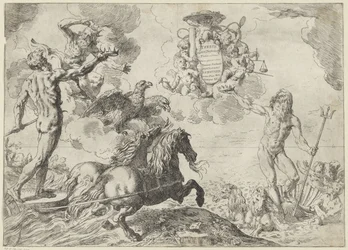 Jupiter, Neptun og Pluto tilbyr sin krone til kardinal Scipione Borgheses våpenskjold til avhandlingen Jupiter, Neptun et Pluto coronas suas offerunt armis (tittel på objekt)