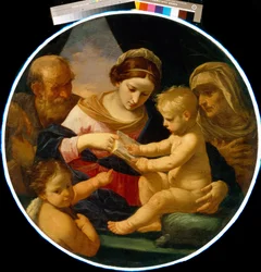 Den hellige familie med døperen Johannes og den hellige Elizabeth. Maleri av Simone Cantarini (1612-1648), olje på lerret