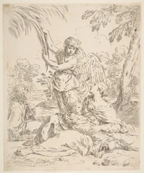 Hvil i Egypt, Maria ammer spedbarnet Kristus mens en engel drar i tregrener, ca. 1639.