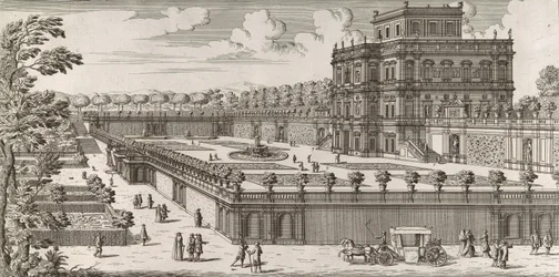 Utsikt over fasaden til Palazzo Pamphili og dens hage Secondo Prospetto Pe..., etter