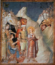 Episoder fra den hellige Martins liv: «Den hellige Martin av Tours gir avkall på våpnene». Freske av Simone Martini (1285-1344). 1312-1317 - Mål 265 x 230 cm. Nedre basilikaen til den hellige Frans av Assisi; Sankt Martins kapell, Assisi