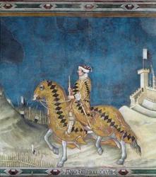 Guidoriccio da Fogliano. Guido Riccio da Fogliano (død 1352), kommandør (condottiero) for hæren til Siena, under erobringen av slottet Montemassi i Maremma (Maremma) i 1328. Fresco av Simone Martini (1284-1344)