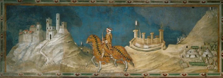 Guidoriccio da Fogliano, kondottier, ridende gjennom de karrige fjellene rundt Siena (veggmaleri)