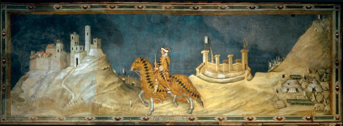 Guidoriccio da Fogliano. representasjon av Guido Riccio da Fogliano (død 1352), kommandør (condottiero) for Siena-hæren, under erobringen av slottet Montemassi i Maremma (Maremma) i 1328. Maleri av Simone Martini (1280-1344)