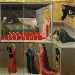 Mirakel av baby som falt fra seng, detalj fra altertavle med tittelen Salige Agostino Novello og historier om hans liv av Simone Martini (1283-1344), olje på lerret, 200x256 cm, ca 1330