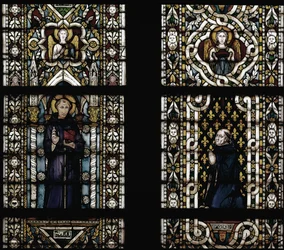 Den hellige Antonius av Padua (1195-1231) og kardinal Gentile av Montefiore (Gentile Partino da Montefiore, Gentilis av Monteflorum, ca. 1240-1312) knelende (St. Anthony av Padua og Gentile da Montefiore) - Glassmaleri av Simone Martini (ca. 1284-1344), cm