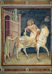 Sankt Martin deler kappen sin med en tigger. Freske, 1315. Nedre basilika for den hellige Frans av Assisi, Sankt Martins kapell. Sett deg ned.