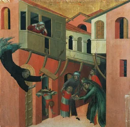Miraklet til babyen som falt fra balkongen, detalj fra altertavlen med tittelen Salige Agostino Novello og historier om hans liv, ca 1330, av Simone Martini (1283-1344), olje på lerret, 200x256 cm