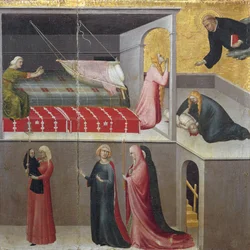 Mirakelet med barnet som faller fra vuggen sin: de tre kvinnene som snakker nederst i scenen. Del av triptyket Historien om den hellige Augustins eremitt