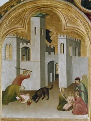 Mirakelet til barnet griper mellom hoggtennene til en ulv. En del av triptyken History of Hermit of St. Augustine (Tempera på tre