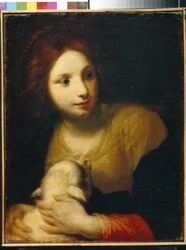 Sankt Agnes. (Agnes av Roma, født i 290, martyr rundt 304). Maleri av Simone Pignoni (1611-1698), olje på lerret. Italiensk kunst (Firenze)