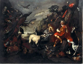 Orphee and the Animals Painting of the Entourage av Sinibaldo Scorza (1589-1631) Søn.101,5x129 cm Gener, nye gatemuseer