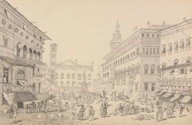 Album med 30 utsikter i Tyrol og Italia: Plassen i Bologna, katedralen og palasset til pavens legat 12. november 1840
