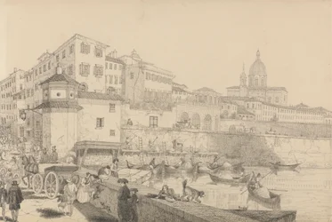 Album med 30 utsikter i Tyrol og Italia: Utsikt over Casino Pecori på lungen Arno, residens til Sir Charles D'Oyly i Firenze. 1 mai 1842