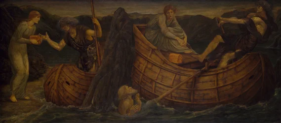 Cupid and Psyche - Palace Green veggmalerier - Psyche gir mynten til Ferryman of the Styx, 1881.