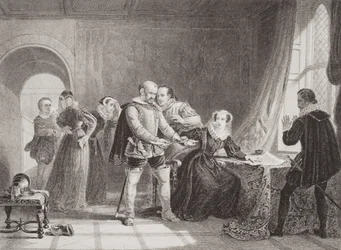 Mary Queen of Scots (1542-87) tvunget til å signere sin abdikasjon i Lochleven Castle i 1567, fra 
