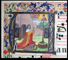 Ms 432 Historikert initial A, fra et tidsskrift brukt av søstrene i kongregasjonen av karmelittene i Brugge, skrevet av søster Margarita Bruynewe, 1505 vellumdetalj av 215014