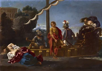 Renaud tar farvel med Armida - emne hentet fra La Jerusalem Liberee av Torquato Tasso dit Le Tasse (1544-1595) - Rinaldos Farvel til Armida av Badalocchio, Sisto (1585-c. 1647). olje på lerret