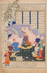 Luhrasp hører fra de returnerende paladinene til den forsvinnende Kai Khusrau, Folio..., 1576-77.