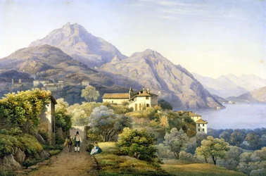 Como. Menaggio. Loveno og Mount Groma. 1840. Maleri av S. Corrodi. Menaggio, Como. .