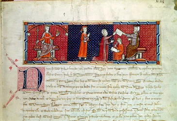 En kvinne som avlegger en ed foran kong James I (1207-76) av Mallorca, fra Capbreu de Clayra et de Millas, 1292