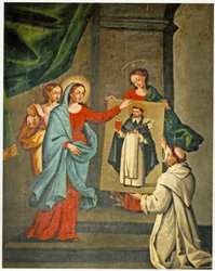 En helgen som presenterer et portrett av St. Dominic til jomfru Maria (se også 308140)