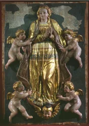 Assumption of the Virgin, detalj av en renessansealtertavle (malt og forgylt tre)