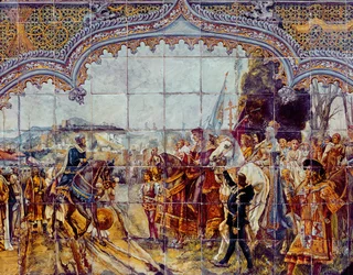 Boabdil overgir nøklene til Granada til de katolske kongene i 1492 (keramikk)