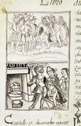 Kodeks for erobringen av Mexico - miniatyr fra det florentinske manuskriptet «Storia degli Aztechi» (Aztekernes historie) av Bernardino de Sahagun