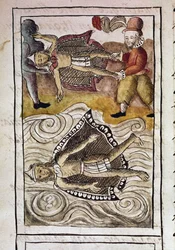 Kodeks for erobringen av Mexico: Likene av Itzquauhtzin og Montezuma, eller aztekisk keiser Moctezuma II (1466-1520), blir kastet ut av palasset av spanjolene.