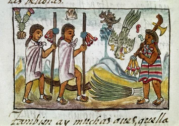 Kodeks for erobringen av Mexico: kjøpmenn forkledd i Tzinacantlan. Miniatyr av det florentinske manuskriptet #39;Storia degli Aztechi#39; (Aztekernes historie) av Bernardino de Sahagun