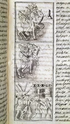 Kodeks for erobringen av Mexico: Spanjolene klare til å angripe byen Tenochtitian. Miniatyr av det florentinske manuskriptet #39;Storia degli Aztechi#39; (Aztekernes historie) av Bernardino de Sahagun.