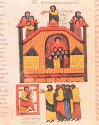 Erobringen av Jerusalem av Nebukadnesar og profeten Jeremia som tok imot stormennene i byen, fol.283v., fra den vestgotisk-mosarabiske bibelen til St. Isidores, 960 e.Kr. (tempera på vellum)