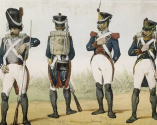 DE SOTTO, Serafin Maria, jarl av Clonard (1793–1862). Organisk historie om våpnene til spansk infanteri og kavaleri. 1851–1859. Infanterister under Ferdinand VIIs regjeringstid av Spania. Grenadier, geværmann, sersjant og jeger (1815–1820). Gravering