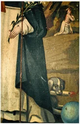 Detalj som viser liljen, staven og hunden med fakkel, attribusjoner av St. Dominic